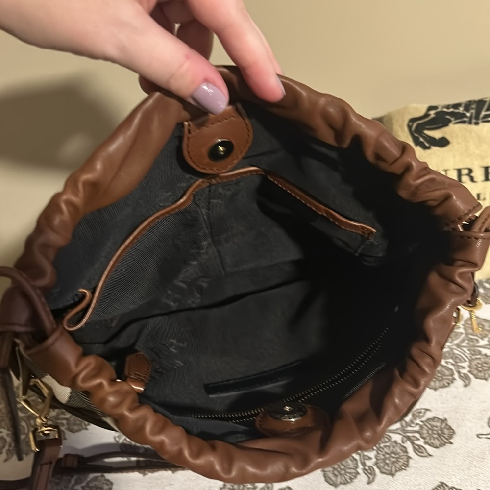 Burberry Brown Leather Drawstring Crossbody with Check Trim - Picture 13 of 16